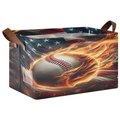 ALAZA American Flag Fire Baseball Rectangular Closet Storage Box Storage Bin Basket Storage Cube with Leather Handles Nursery Storage Laundry Hamper 2 Piece