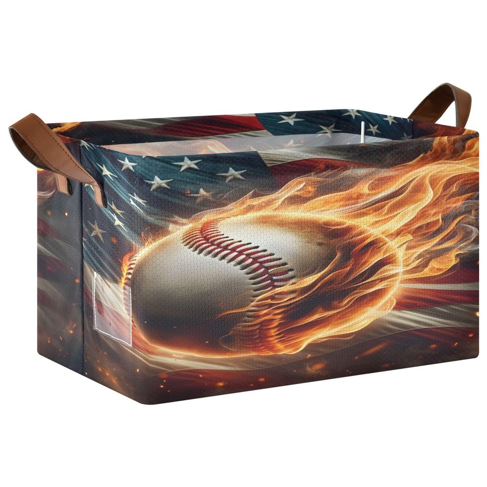 ALAZA American Flag Fire Baseball Rectangular Closet Storage Box Storage Bin Basket Storage Cube with Leather Handles Nursery Storage Laundry Hamper 2 Piece