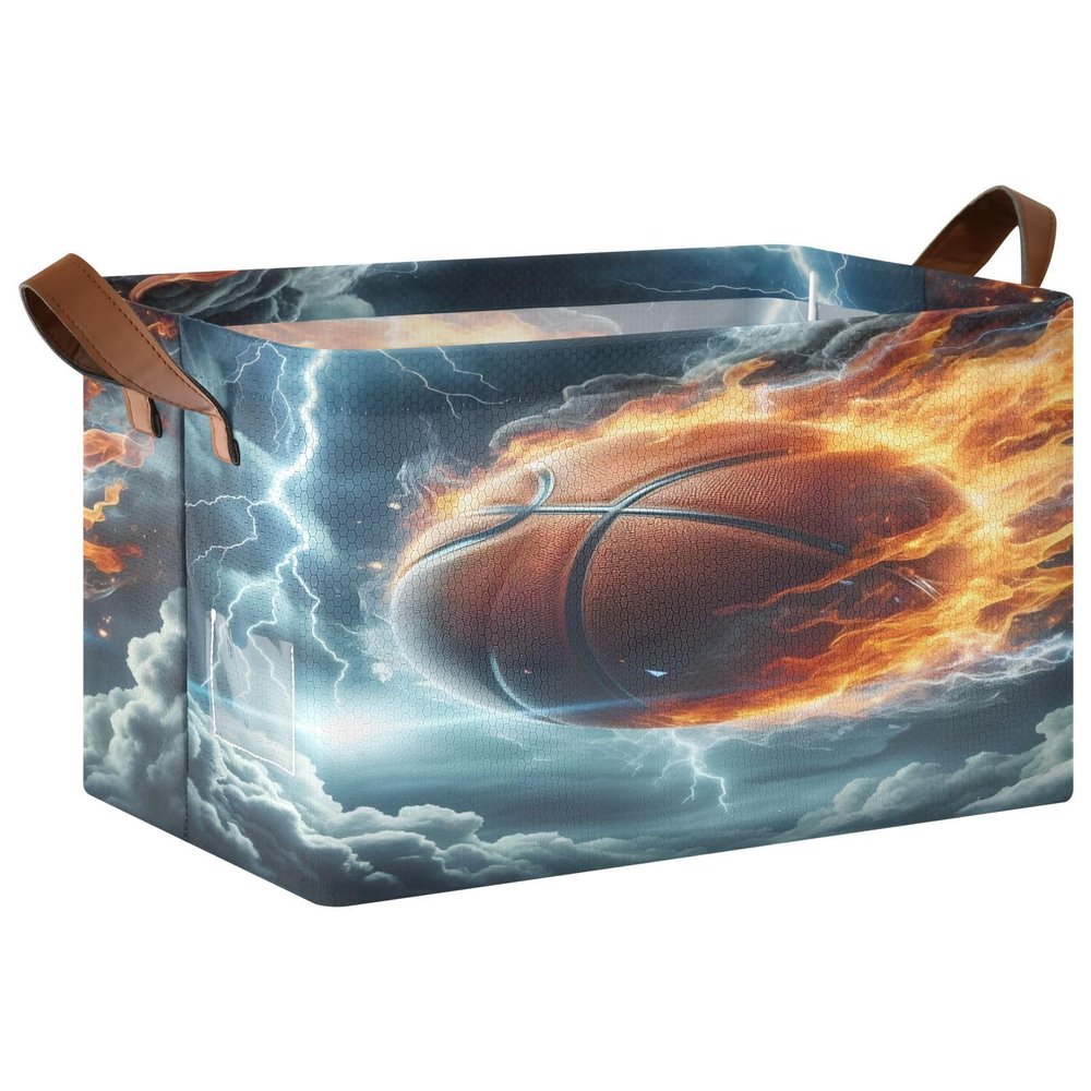 ALAZA Basketball Thunder Cloud Rectangular Closet Storage Box Storage Bin Basket Storage Cube with Leather Handles Nursery Storage Laundry Hamper 2 Piece
