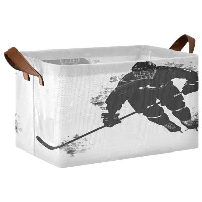 ALAZA Black White Ice Hockey Player Rectangular Closet Storage Box Storage Bin Basket Storage Cube with Leather Handles Nursery Storage Laundry Hamper 2 Piece