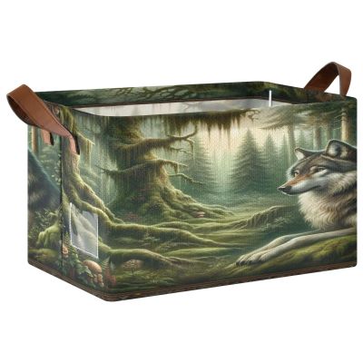 ALAZA Fantasy Landscape Wolf Rectangular Closet Storage Box Storage Bin Basket Storage Cube with Leather Handles Nursery Storage Laundry Hamper 2 Piece