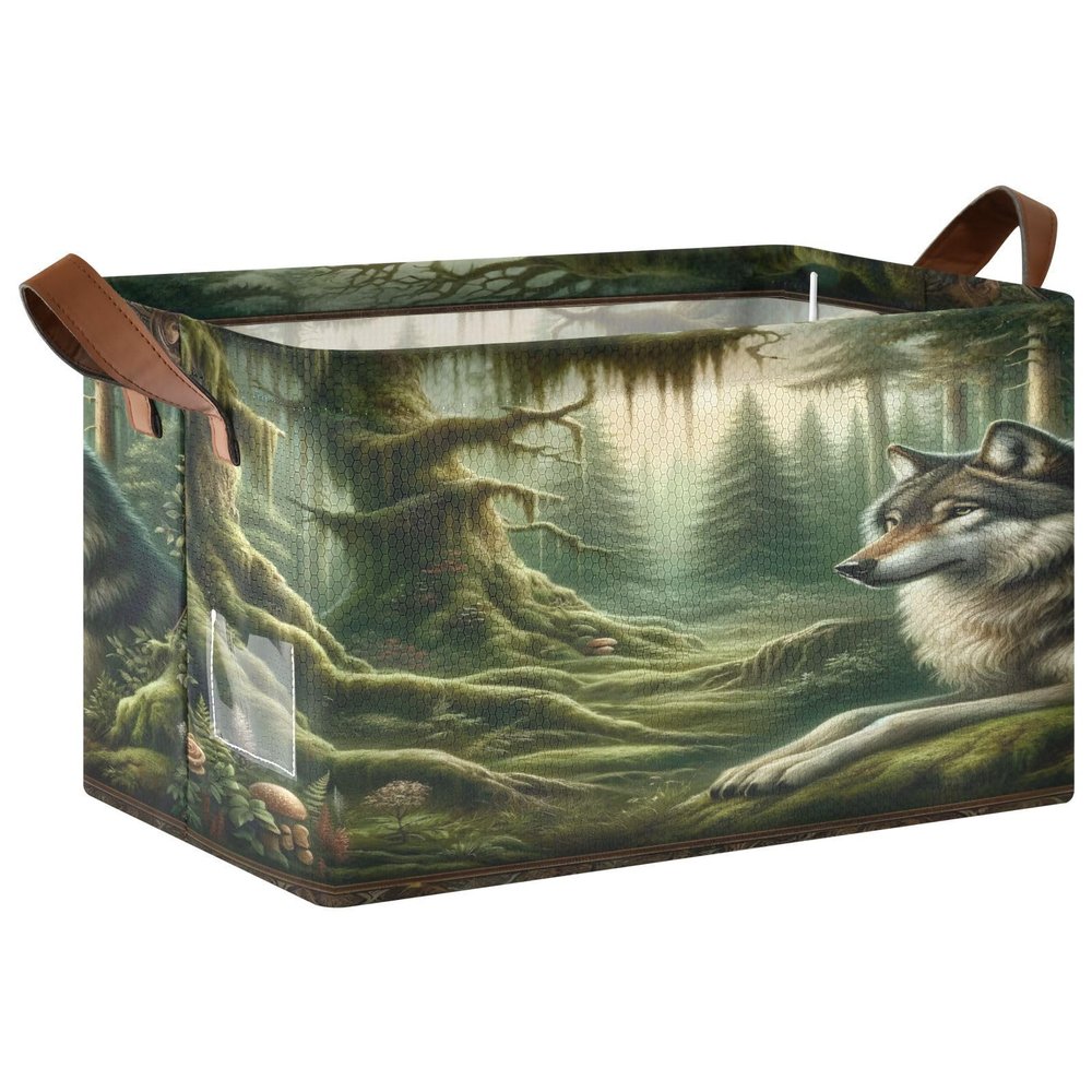 ALAZA Fantasy Landscape Wolf Rectangular Closet Storage Box Storage Bin Basket Storage Cube with Leather Handles Nursery Storage Laundry Hamper 2 Piece