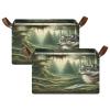 ALAZA Fantasy Landscape Wolf Rectangular Closet Storage Box Storage Bin Basket Storage Cube with Leather Handles Nursery Storage Laundry Hamper 2 Piece view 2