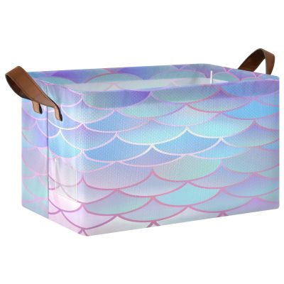 ALAZA Bright Color Fish Scale Rectangular Closet Storage Box Storage Bin Basket Storage Cube with Leather Handles Nursery Storage Laundry Hamper 2 Piece