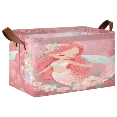 ALAZA Beautiful Mermaid Blossom Rectangular Closet Storage Box Storage Bin Basket Storage Cube with Leather Handles Nursery Storage Laundry Hamper 2 Piece