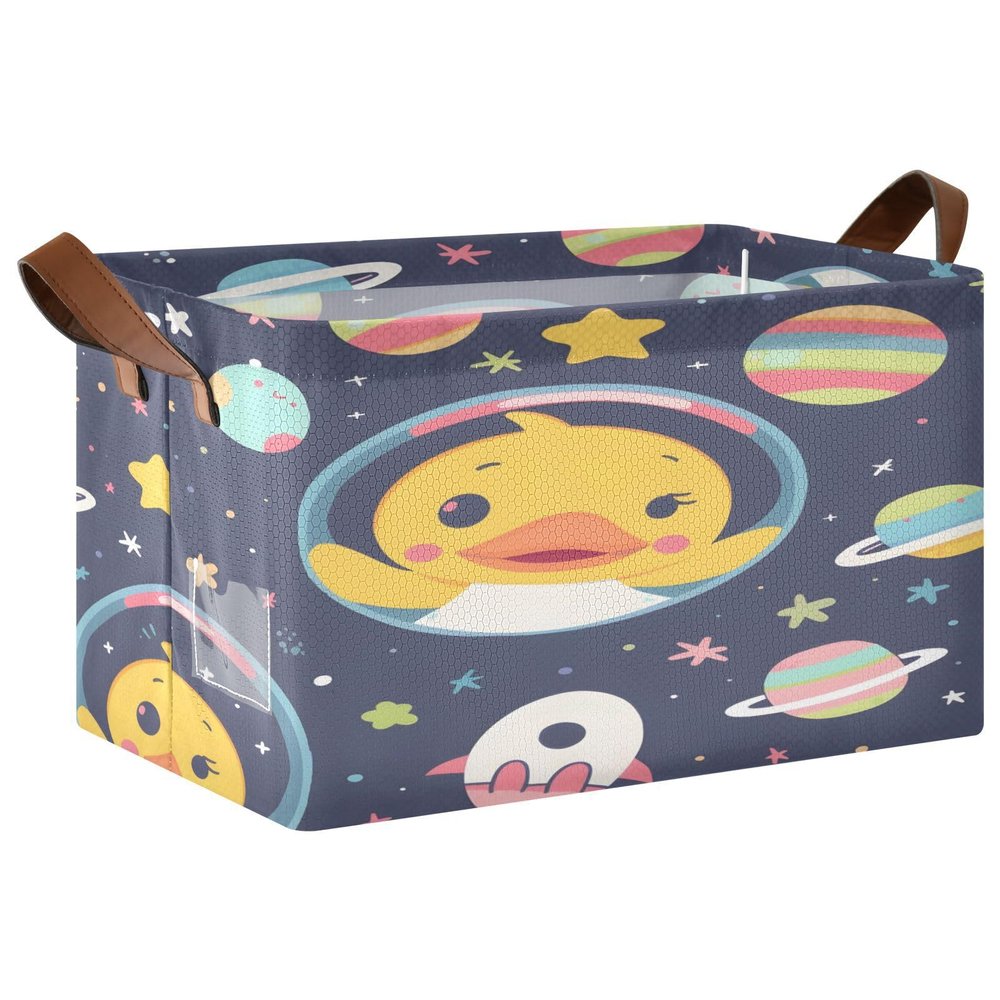 ALAZA Cartoon Duck Planet Solar System Universe Rectangular Closet Storage Box Storage Bin Basket Storage Cube with Leather Handles Nursery Storage Laundry Hamper 2 Piece