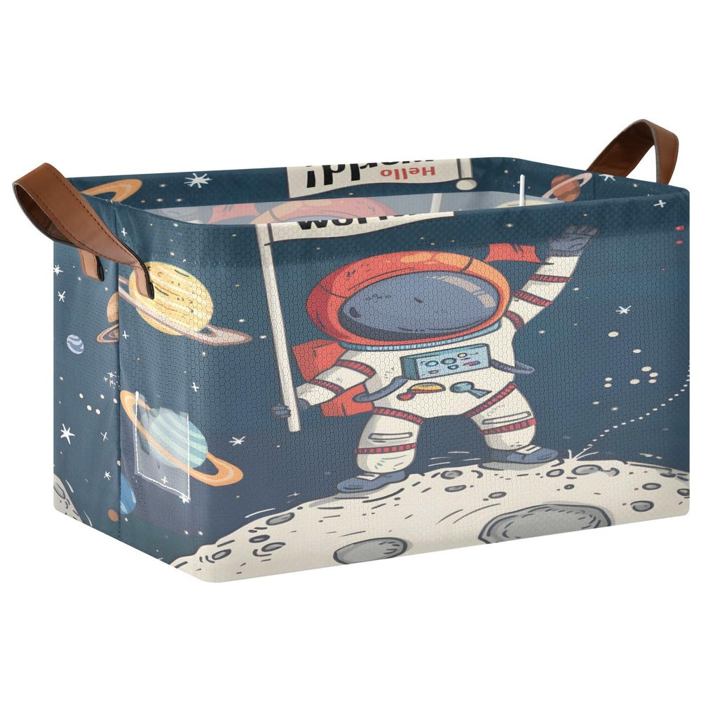 ALAZA Cartoon Hello World Astronaut Solar System Planet Rectangular Closet Storage Box Storage Bin Basket Storage Cube with Leather Handles Nursery Storage Laundry Hamper 2 Piece