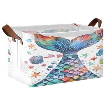 ALAZA 3D Mermaid Starfish Seashell Watercolor Rectangular Closet Storage Box Storage Bin Basket Storage Cube with Leather Handles Nursery Storage Laundry Hamper 2 Piece