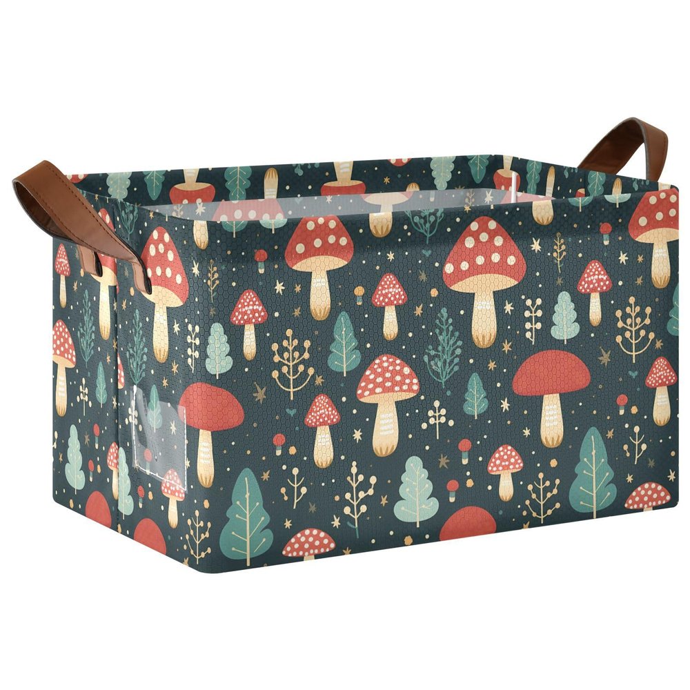 ALAZA Red Mushroom Rectangular Closet Storage Box Storage Bin Basket Storage Cube with Leather Handles Nursery Storage Laundry Hamper 2 Piece