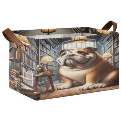 ALAZA Bulldog Bookshelf Library Bookworm Rectangular Closet Storage Box Storage Bin Basket Storage Cube with Leather Handles Nursery Storage Laundry Hamper 2 Piece