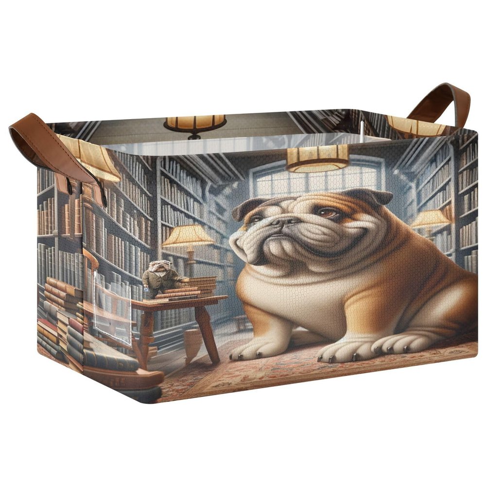 ALAZA Bulldog Bookshelf Library Bookworm Rectangular Closet Storage Box Storage Bin Basket Storage Cube with Leather Handles Nursery Storage Laundry Hamper 2 Piece