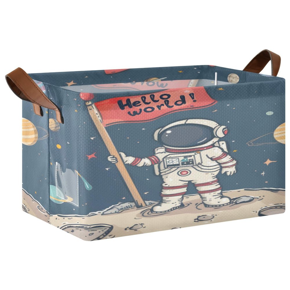 ALAZA Cartoon Astronaut Solar System Planet Hello World Rectangular Closet Storage Box Storage Bin Basket Storage Cube with Leather Handles Nursery Storage Laundry Hamper 2 Piece