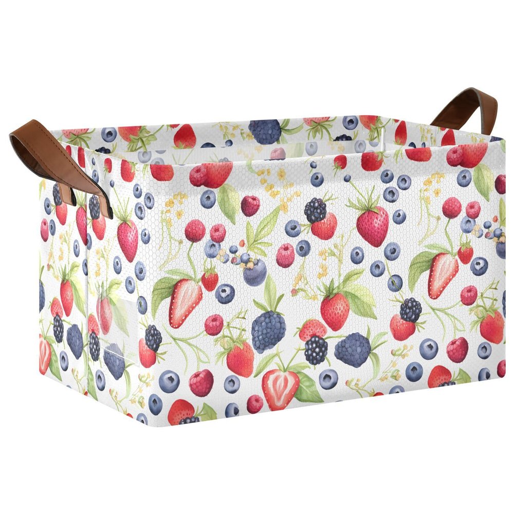 ALAZA Blueberry Fruit Strawberry Rectangular Closet Storage Box Storage Bin Basket Storage Cube with Leather Handles Nursery Storage Laundry Hamper 2 Piece