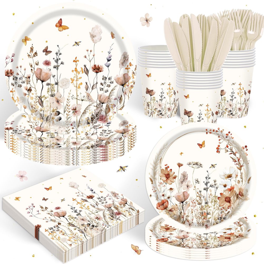 120 PCS Wildflower Party Decorations Birthday Party Supplies Including Plates, Cups, Napkins, Tableware for Wildflower Decorations, 20 Servings