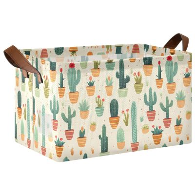ALAZA Cute Cactus Rectangular Closet Storage Box Storage Bin Basket Storage Cube with Leather Handles Nursery Storage Laundry Hamper 2 Piece