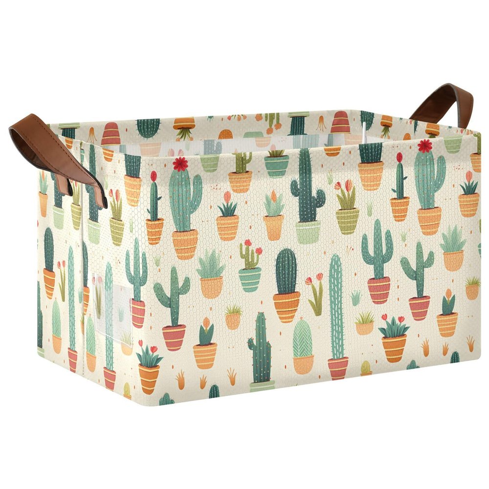 ALAZA Cute Cactus Rectangular Closet Storage Box Storage Bin Basket Storage Cube with Leather Handles Nursery Storage Laundry Hamper 2 Piece