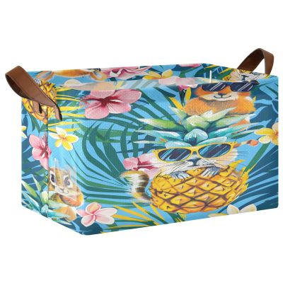ALAZA Floral Palm Pineapple Capybara Rectangular Closet Storage Box Storage Bin Basket Storage Cube with Leather Handles Nursery Storage Laundry Hamper 2 Piece