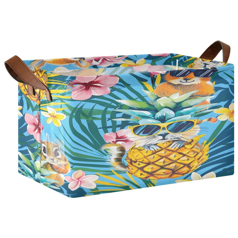 ALAZA Floral Palm Pineapple Capybara Rectangular Closet Storage Box Storage Bin Basket Storage Cube with Leather Handles Nursery Storage Laundry Hamper 2 Piece