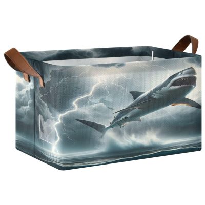 ALAZA Shark Thunderstorm Ocean Cloud Rectangular Closet Storage Box Storage Bin Basket Storage Cube with Leather Handles Nursery Storage Laundry Hamper 2 Piece