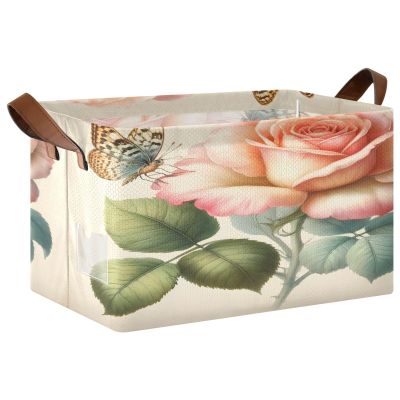ALAZA European Rose Flower Butterfly Rectangular Closet Storage Box Storage Bin Basket Storage Cube with Leather Handles Nursery Storage Laundry Hamper 2 Piece