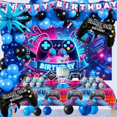 112PCS Video Game Birthday Party Decorations Set for Boy Gamer Party Favors Decor Happy Birthday Gaming Banner Backdrop Tablecloth Blue Balloons Arch Kit Cake Toppers Centerpiece Teen Men Supplies