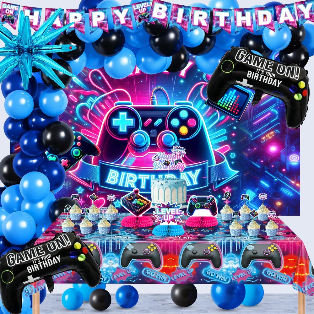 112PCS Video Game Birthday Party Decorations Set for Boy Gamer Party Favors Decor Happy Birthday Gaming Banner Backdrop Tablecloth Blue Balloons Arch Kit Cake Toppers Centerpiece Teen Men Supplies