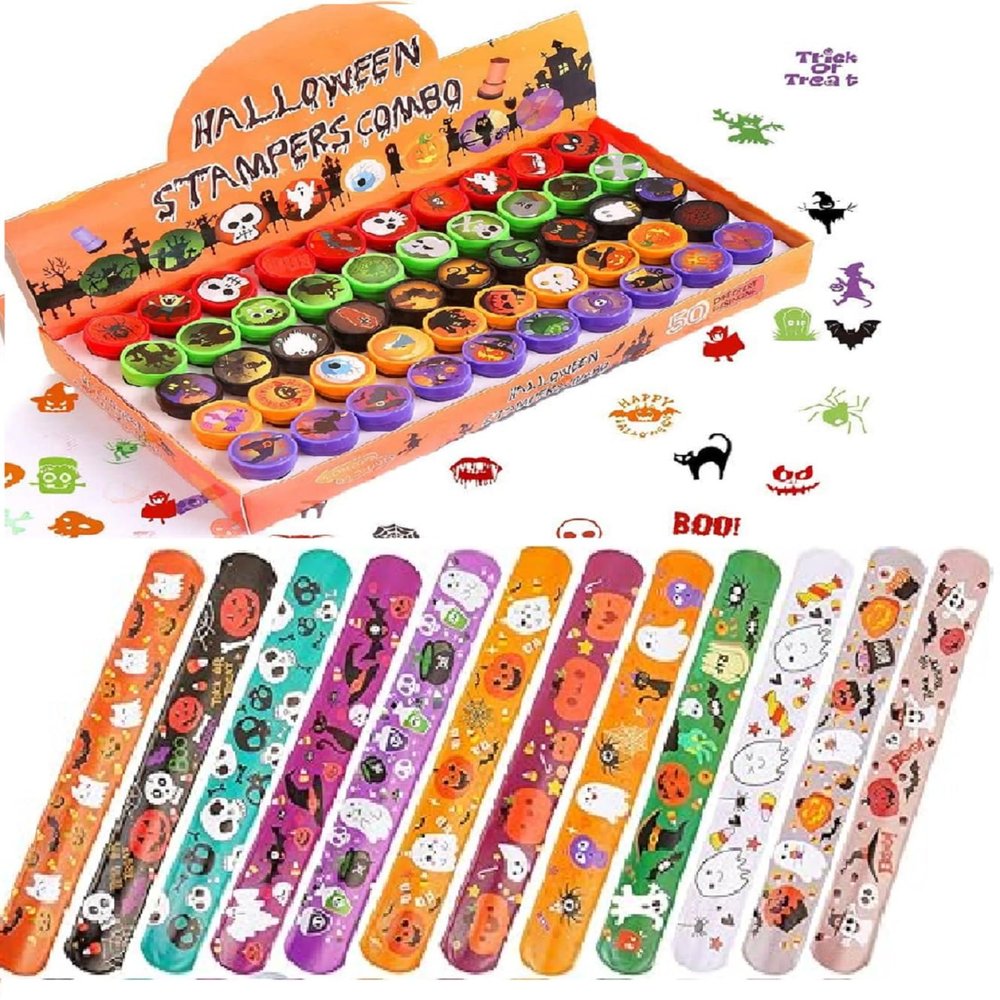 CCINEE Halloween Slap Bracelets Assorted Cartoon Stamps Wristbands for Kids' Halloween Party Favors Trick or Treat Goodies Bags Filler