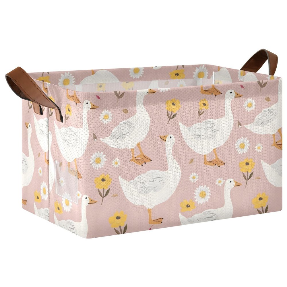 ALAZA Cute Goose with Flower Floral Rectangular Closet Storage Box Storage Bin Basket Storage Cube with Leather Handles Nursery Storage Laundry Hamper 2 Piece