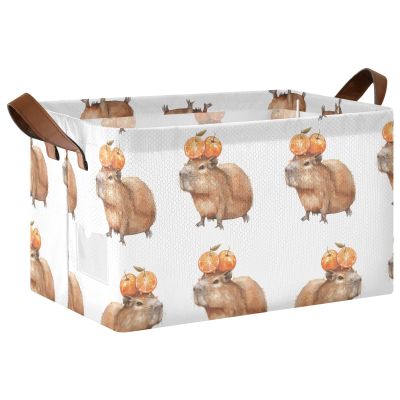 ALAZA Capybara with Orange Rectangular Closet Storage Box Storage Bin Basket Storage Cube with Leather Handles Nursery Storage Laundry Hamper 2 Piece