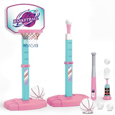 3 in 1 Basketball Hoop and Tee Ball Set for Girls: Baseball Tee with Automatic Pitching Machine Adjustable Height Outdoor and Indoor Sports Toys Christmas Birthday Gift for Kids Age 1-8 Year Old Pink