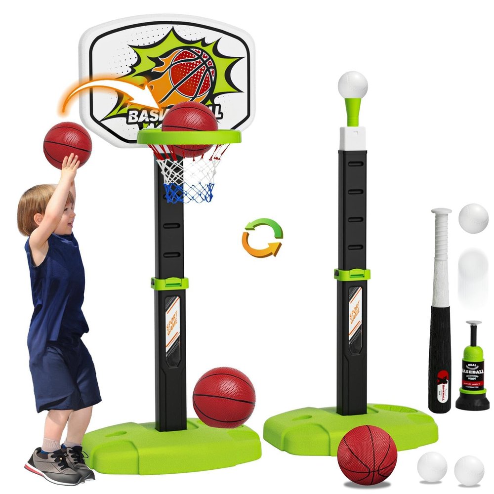 3 in 1 Toddler Basketball Hoop and Tee Ball Set for Boys: Kids Baseball Tee with Automatic Pitching Machine Adjustable Height Indoor and Outdoor Sports Toys Christmas Birthday Gifts for Boy Age 3-12