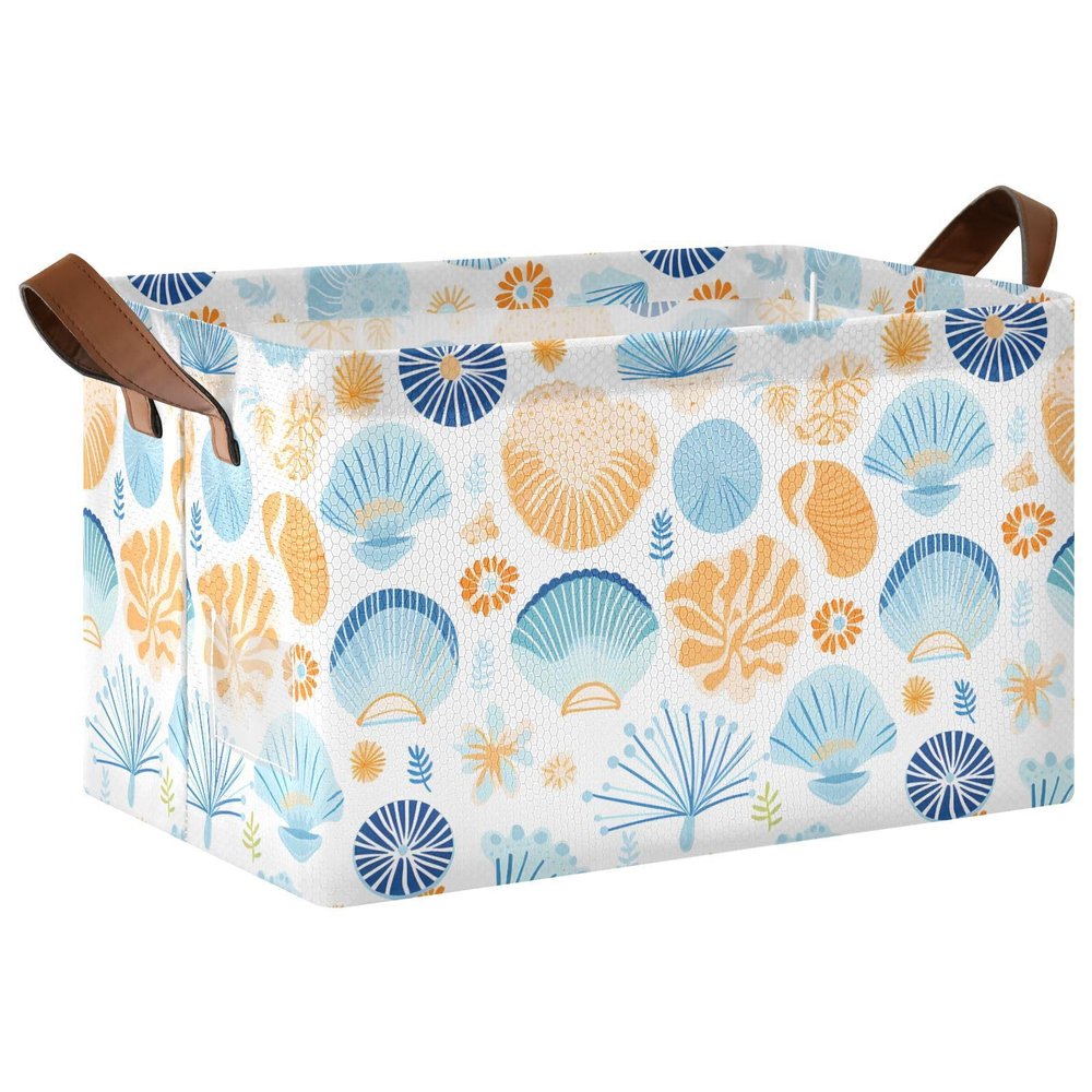 ALAZA Beautiful Seashell Leaf Blossom Rectangular Closet Storage Box Storage Bin Basket Storage Cube with Leather Handles Nursery Storage Laundry Hamper 2 Piece