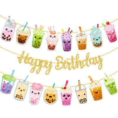 3pcs Bubble Tea Birthday Party Banners Boba Tea Birthday Decorations Gold Glitter Happy Birthday Banner Bubble Mill Tea Cutout Garlands for Baby Shower Supplies