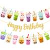 3pcs Bubble Tea Birthday Party Banners Boba Tea Birthday Decorations Gold Glitter Happy Birthday Banner Bubble Mill Tea Cutout Garlands for Baby Shower Supplies view 1