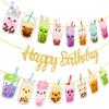 3pcs Bubble Tea Birthday Party Banners Boba Tea Birthday Decorations Gold Glitter Happy Birthday Banner Bubble Mill Tea Cutout Garlands for Baby Shower Supplies view 2
