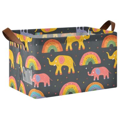 ALAZA Elephant Love Heart Rainbow Rectangular Closet Storage Box Storage Bin Basket Storage Cube with Leather Handles Nursery Storage Laundry Hamper 2 Piece