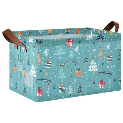 ALAZA Blue Pine Tree Snow Merry Christmas Rectangular Closet Storage Box Storage Bin Basket Storage Cube with Leather Handles Nursery Storage Laundry Hamper 2 Piece