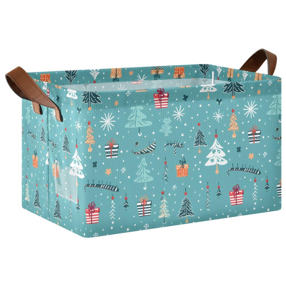ALAZA Blue Pine Tree Snow Merry Christmas Rectangular Closet Storage Box Storage Bin Basket Storage Cube with Leather Handles Nursery Storage Laundry Hamper 2 Piece