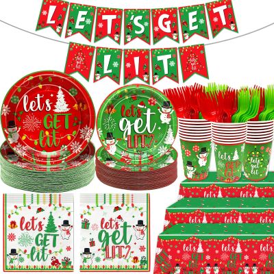 122 Pcs Let's Get Lit Christmas Party Decorations Christmas Party Supplies Tableware Set Let's Get Lit Plates and Napkins Tableware for Friendsmas Party for 24 Person