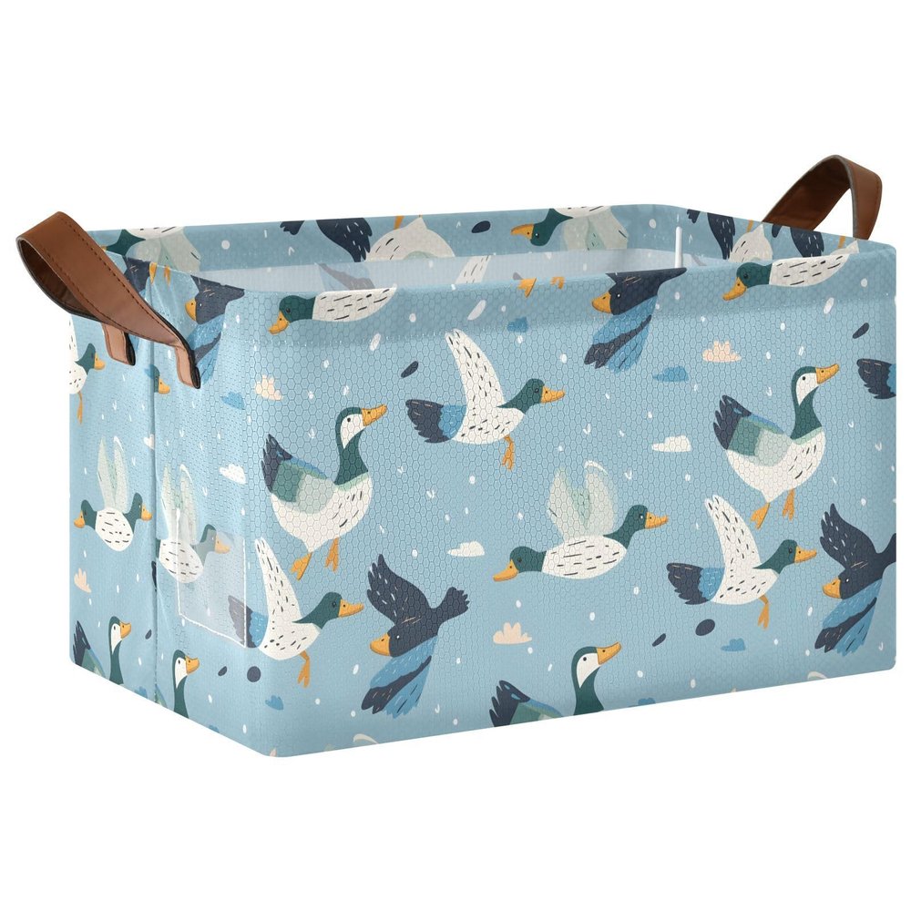 ALAZA Blue Duck Flying Rectangular Closet Storage Box Storage Bin Basket Storage Cube with Leather Handles Nursery Storage Laundry Hamper 2 Piece