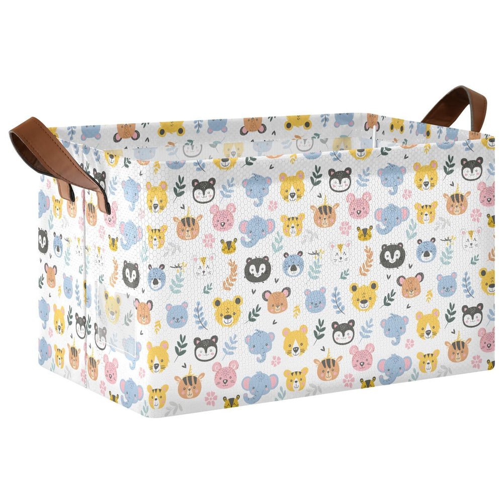 ALAZA Bear Elephant Flower Rectangular Closet Storage Box Storage Bin Basket Storage Cube with Leather Handles Nursery Storage Laundry Hamper 2 Piece
