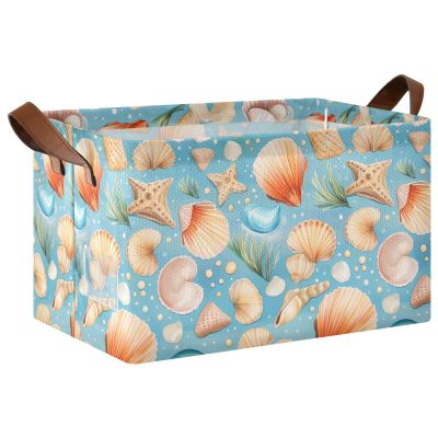 ALAZA Beautiful Starfish Shell Leaf Rectangular Closet Storage Box Storage Bin Basket Storage Cube with Leather Handles Nursery Storage Laundry Hamper 2 Piece
