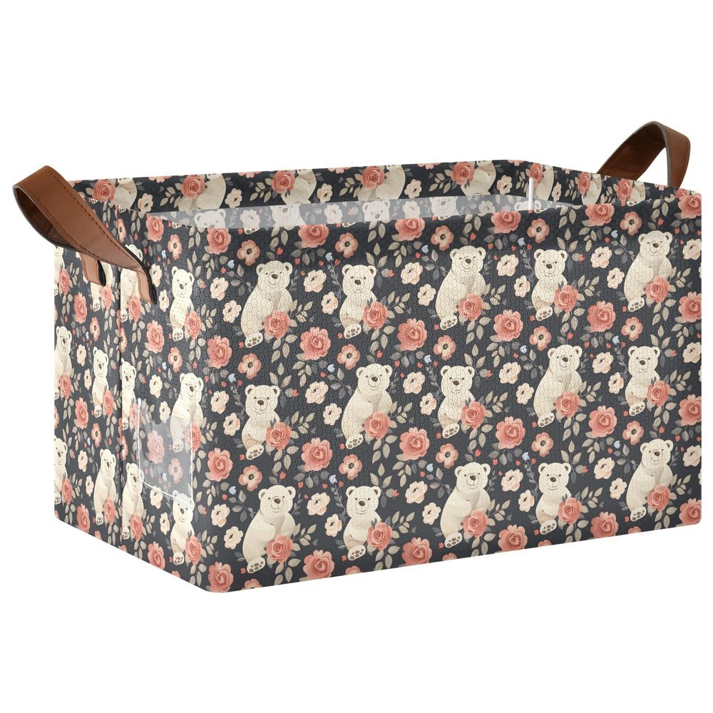 ALAZA Bear Rose Flower Floral Rectangular Closet Storage Box Storage Bin Basket Storage Cube with Leather Handles Nursery Storage Laundry Hamper 2 Piece