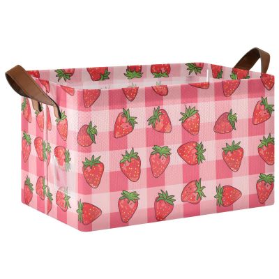 ALAZA Cartoon Strawberry Plaid Stylish Rectangular Closet Storage Box Storage Bin Basket Storage Cube with Leather Handles Nursery Storage Laundry Hamper 2 Piece