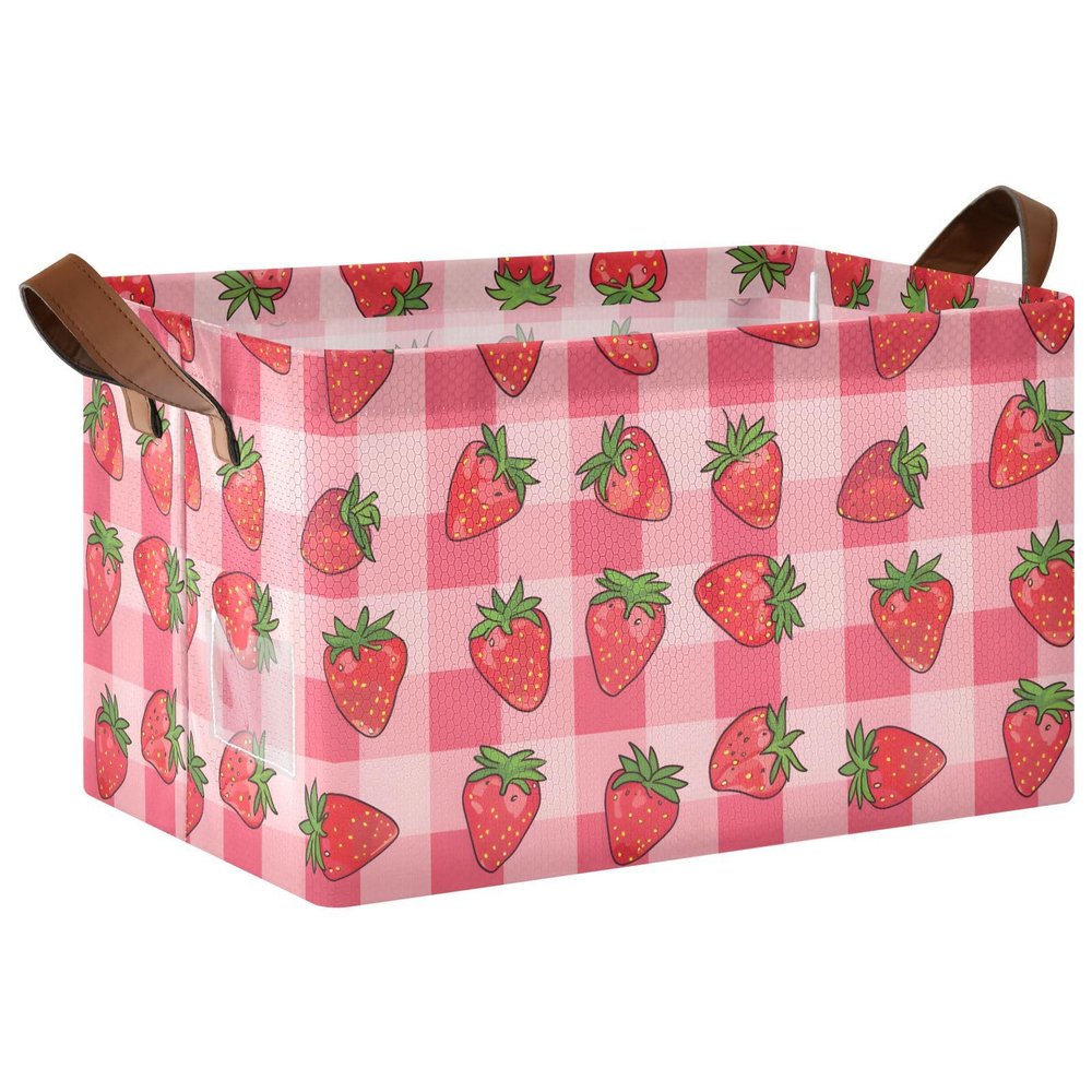 ALAZA Cartoon Strawberry Plaid Stylish Rectangular Closet Storage Box Storage Bin Basket Storage Cube with Leather Handles Nursery Storage Laundry Hamper 2 Piece