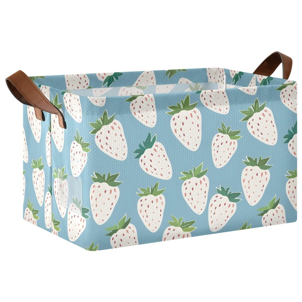 ALAZA White Strawberry Blue Rectangular Closet Storage Box Storage Bin Basket Storage Cube with Leather Handles Nursery Storage Laundry Hamper 2 Piece