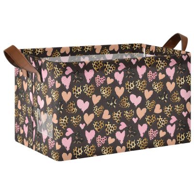 ALAZA Leopard Love Heart Rectangular Closet Storage Box Storage Bin Basket Storage Cube with Leather Handles Nursery Storage Laundry Hamper 2 Piece