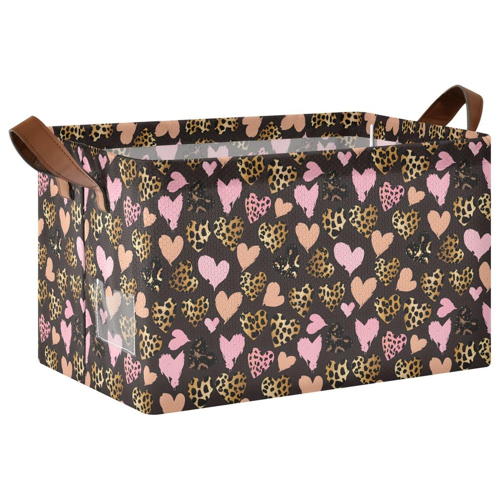 ALAZA Leopard Love Heart Rectangular Closet Storage Box Storage Bin Basket Storage Cube with Leather Handles Nursery Storage Laundry Hamper 2 Piece