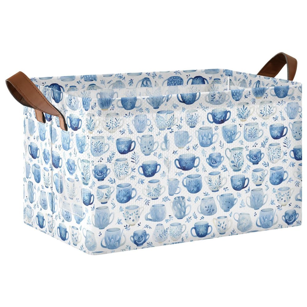 ALAZA Blossom Cup Blue Rectangular Closet Storage Box Storage Bin Basket Storage Cube with Leather Handles Nursery Storage Laundry Hamper 2 Piece