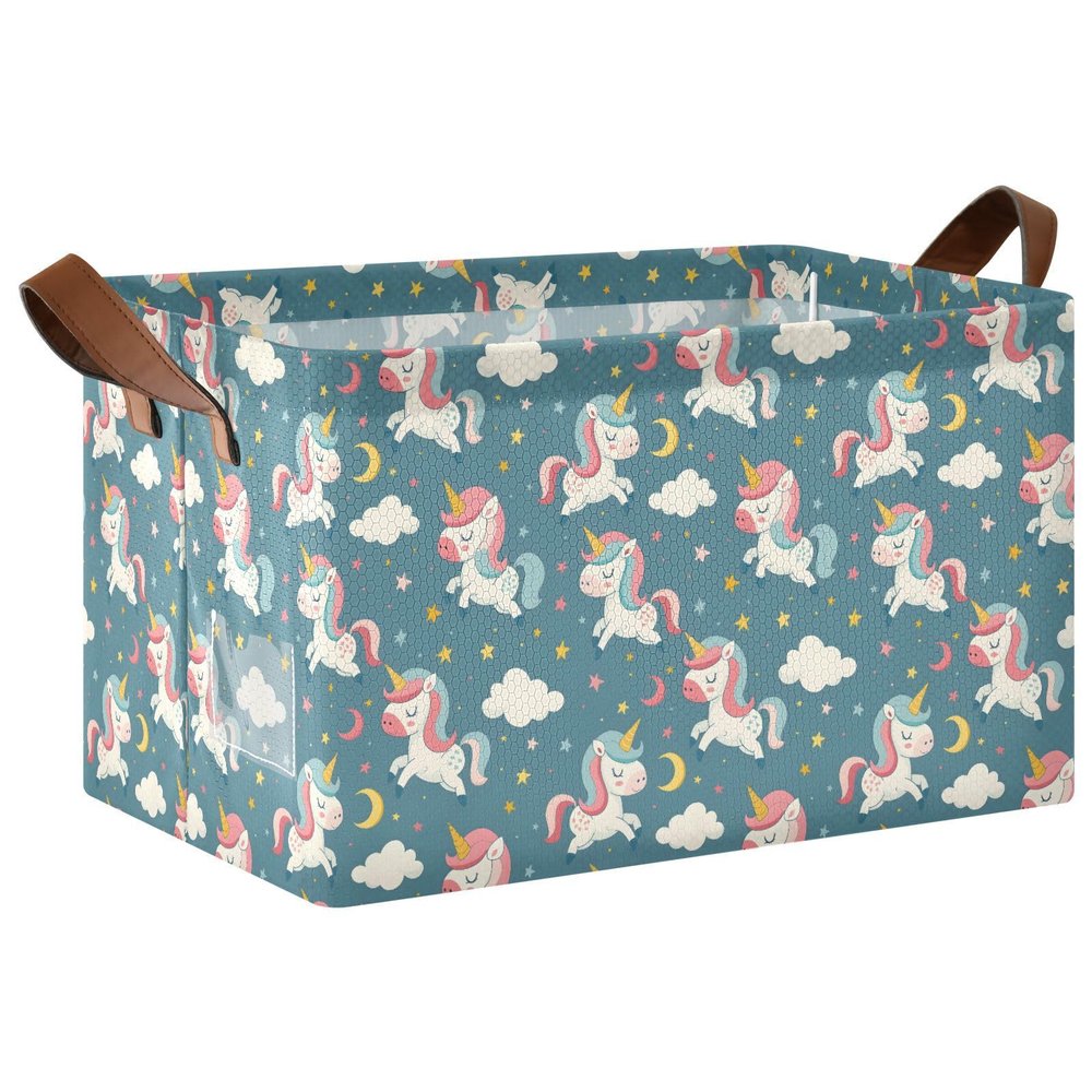 ALAZA Cartoon Sweet Unicorn Blue Rectangular Closet Storage Box Storage Bin Basket Storage Cube with Leather Handles Nursery Storage Laundry Hamper 2 Piece